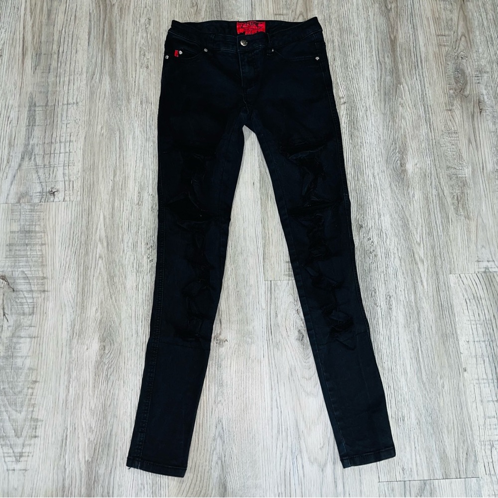 Tripp Black Skinny pants fishnets and distressing size 3